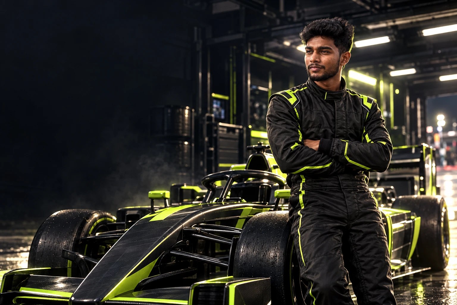 Raya beside a race car in the garage